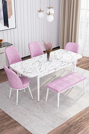 Rovena Leona Beyaz Mermer 80x132 Açılabilir Mdf Mutfak Masası Takımı 4 Adet Sandalye + 1 Bench