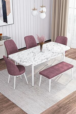 Rovena Leona Beyaz Mermer 80x132 Açılabilir Mdf Mutfak Masası Takımı 4 Adet Sandalye + 1 Bench