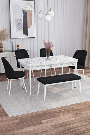 Rovena Leona Beyaz Mermer 80x132 Açılabilir Mdf Mutfak Masası Takımı 4 Adet Sandalye + 1 Bench