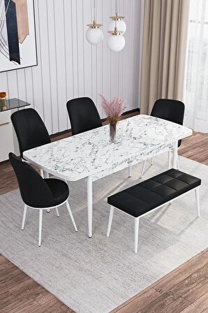 Rovena Leona Beyaz Mermer 80x132 Açılabilir Mdf Mutfak Masası Takımı 4 Adet Sandalye + 1 Bench