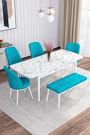 Rovena Leona Beyaz Mermer 80x132 Açılabilir Mdf Mutfak Masası Takımı 4 Adet Sandalye + 1 Bench