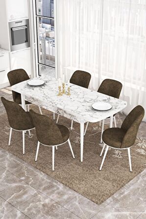 Rovena Leona Beyaz Mermer 80x132 Açılabilir Mdf Mutfak Masası Takımı 6 Adet Sandalye