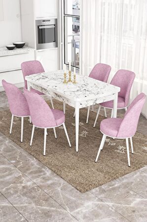 Rovena Leona Beyaz Mermer 80x132 Açılabilir Mdf Mutfak Masası Takımı 6 Adet Sandalye