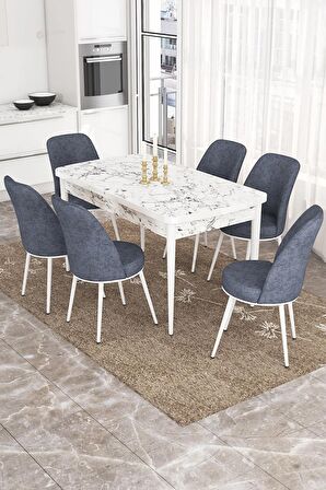 Rovena Leona Beyaz Mermer 80x132 Açılabilir Mdf Mutfak Masası Takımı 6 Adet Sandalye