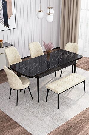 Rovena Leona Siyah Mermer 80x132 Açılabilir Mdf Mutfak Masası Takımı 4 Adet Sandalye + 1 Bench