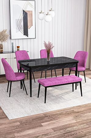 Rovena Leona Siyah Mermer 80x132 Açılabilir Mdf Mutfak Masası Takımı 4 Adet Sandalye + 1 Bench