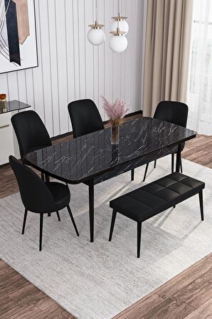 Rovena Leona Siyah Mermer 80x132 Açılabilir Mdf Mutfak Masası Takımı 4 Adet Sandalye + 1 Bench