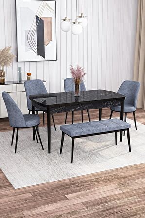 Rovena Leona Siyah Mermer 80x132 Açılabilir Mdf Mutfak Masası Takımı 4 Adet Sandalye + 1 Bench