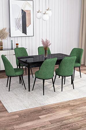 Rovena Leona Siyah Mermer 80x132 Açılabilir Mdf Mutfak Masası Takımı 6 Adet Sandalye