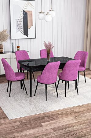 Rovena Leona Siyah Mermer 80x132 Açılabilir Mdf Mutfak Masası Takımı 6 Adet Sandalye