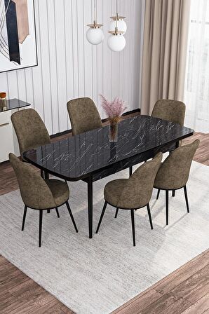 Rovena Leona Siyah Mermer 80x132 Açılabilir Mdf Mutfak Masası Takımı 6 Adet Sandalye