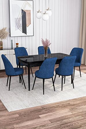 Rovena Leona Siyah Mermer 80x132 Açılabilir Mdf Mutfak Masası Takımı 6 Adet Sandalye