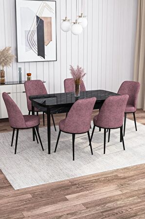 Rovena Leona Siyah Mermer 80x132 Açılabilir Mdf Mutfak Masası Takımı 6 Adet Sandalye