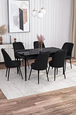 Rovena Leona Siyah Mermer 80x132 Açılabilir Mdf Mutfak Masası Takımı 6 Adet Sandalye