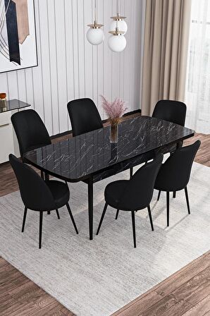 Rovena Leona Siyah Mermer 80x132 Açılabilir Mdf Mutfak Masası Takımı 6 Adet Sandalye
