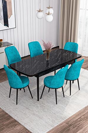 Rovena Leona Siyah Mermer 80x132 Açılabilir Mdf Mutfak Masası Takımı 6 Adet Sandalye
