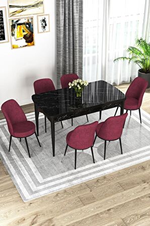 Rovena Leona Siyah Mermer 80x132 Açılabilir Mdf Mutfak Masası Takımı 6 Adet Sandalye