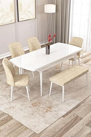 Rovena Zeta Beyaz 80x132 Açılabilir Mdf Mutfak Masası Takımı 4 Adet Sandalye + 1 Bench