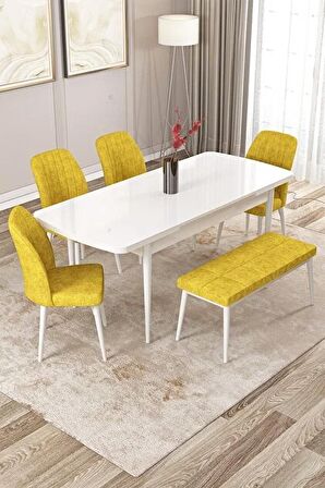 Rovena Zeta Beyaz 80x132 Açılabilir Mdf Mutfak Masası Takımı 4 Adet Sandalye + 1 Bench