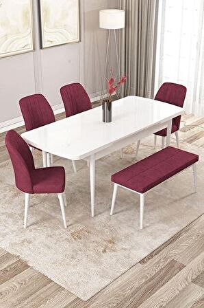 Rovena Zeta Beyaz 80x132 Açılabilir Mdf Mutfak Masası Takımı 4 Adet Sandalye + 1 Bench