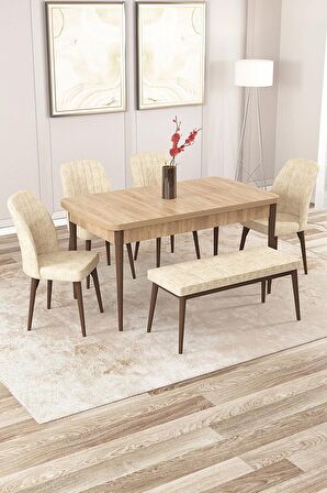 Rovena Zeta Meşe 80x132 Açılabilir Mdf Mutfak Masası Takımı 4 Adet Sandalye + 1 Bench