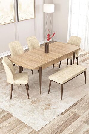Rovena Zeta Meşe 80x132 Açılabilir Mdf Mutfak Masası Takımı 4 Adet Sandalye + 1 Bench