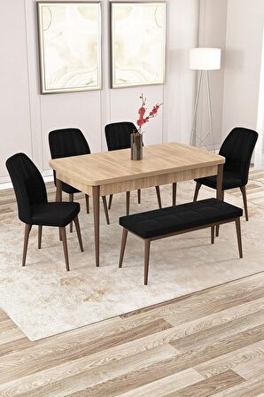 Rovena Zeta Meşe 80x132 Açılabilir Mdf Mutfak Masası Takımı 4 Adet Sandalye + 1 Bench