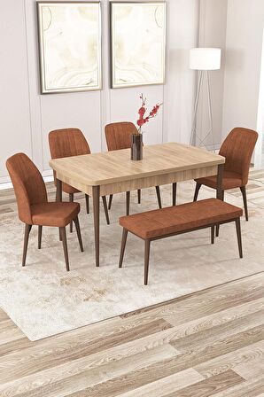 Rovena Zeta Meşe 80x132 Açılabilir Mdf Mutfak Masası Takımı 4 Adet Sandalye + 1 Bench