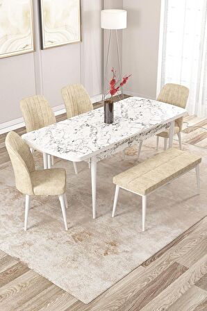Rovena Zeta Beyaz Mermer 80x132 Açılabilir Mdf Mutfak Masası Takımı 4 Adet Sandalye + 1 Bench