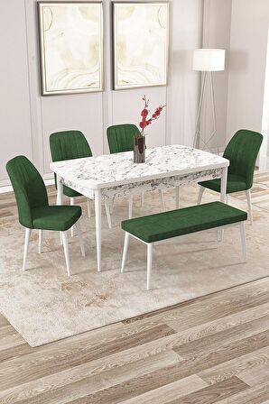 Rovena Zeta Beyaz Mermer 80x132 Açılabilir Mdf Mutfak Masası Takımı 4 Adet Sandalye + 1 Bench