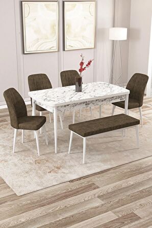 Rovena Zeta Beyaz Mermer 80x132 Açılabilir Mdf Mutfak Masası Takımı 4 Adet Sandalye + 1 Bench