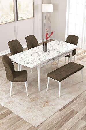 Rovena Zeta Beyaz Mermer 80x132 Açılabilir Mdf Mutfak Masası Takımı 4 Adet Sandalye + 1 Bench