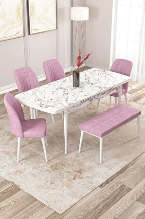 Rovena Zeta Beyaz Mermer 80x132 Açılabilir Mdf Mutfak Masası Takımı 4 Adet Sandalye + 1 Bench