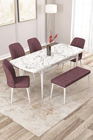Rovena Zeta Beyaz Mermer 80x132 Açılabilir Mdf Mutfak Masası Takımı 4 Adet Sandalye + 1 Bench