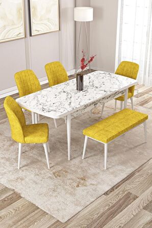 Rovena Zeta Beyaz Mermer 80x132 Açılabilir Mdf Mutfak Masası Takımı 4 Adet Sandalye + 1 Bench