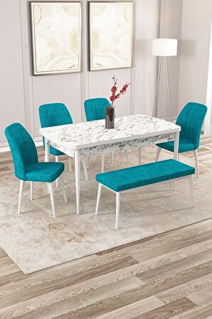 Rovena Zeta Beyaz Mermer 80x132 Açılabilir Mdf Mutfak Masası Takımı 4 Adet Sandalye + 1 Bench