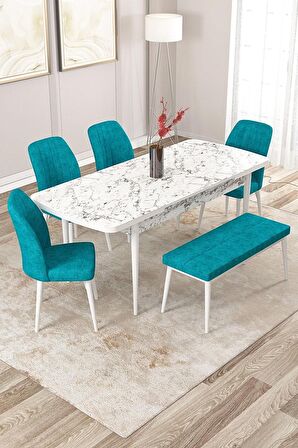 Rovena Zeta Beyaz Mermer 80x132 Açılabilir Mdf Mutfak Masası Takımı 4 Adet Sandalye + 1 Bench
