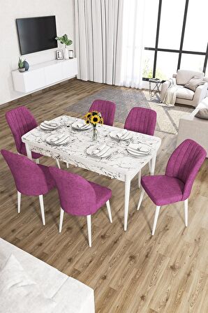 Rovena Zeta Beyaz Mermer 80x132 Açılabilir Mdf Mutfak Masası Takımı 6 Adet Sandalye