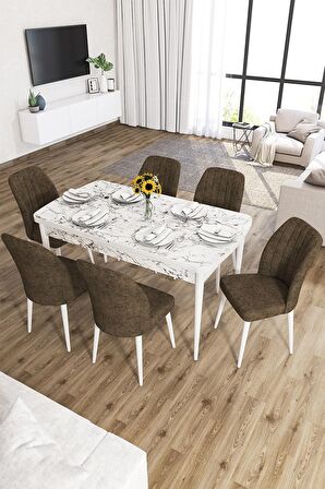 Rovena Zeta Beyaz Mermer 80x132 Açılabilir Mdf Mutfak Masası Takımı 6 Adet Sandalye