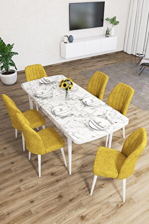 Rovena Zeta Beyaz Mermer 80x132 Açılabilir Mdf Mutfak Masası Takımı 6 Adet Sandalye