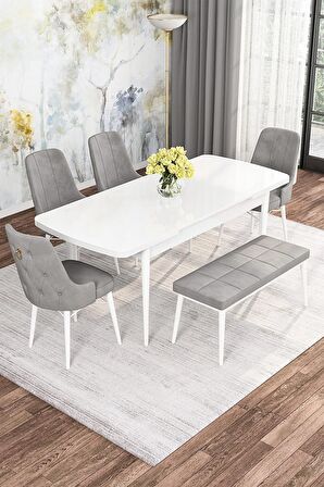 Rovena Mona Beyaz 80x132 Açılabilir Mdf Mutfak Masası Takımı 4 Adet Sandalye+1 Bench
