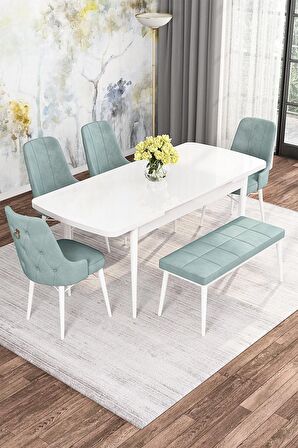 Rovena Mona Beyaz 80x132 Açılabilir Mdf Mutfak Masası Takımı 4 Adet Sandalye+1 Bench
