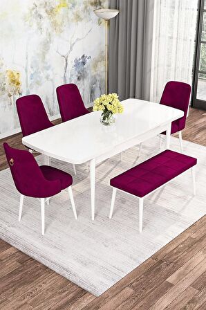 Rovena Mona Beyaz 80x132 Açılabilir Mdf Mutfak Masası Takımı 4 Adet Sandalye+1 Bench