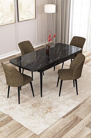 Rovena Zeta Siyah Mermer 80x132 Açılabilir Mdf Mutfak Masası Takımı 4 Adet Sandalye