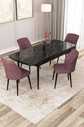 Rovena Zeta Siyah Mermer 80x132 Açılabilir Mdf Mutfak Masası Takımı 4 Adet Sandalye