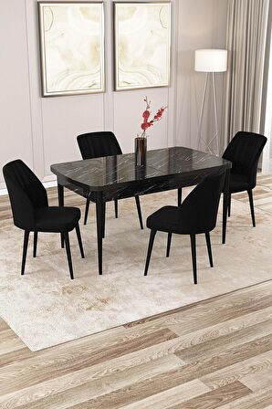 Rovena Zeta Siyah Mermer 80x132 Açılabilir Mdf Mutfak Masası Takımı 4 Adet Sandalye