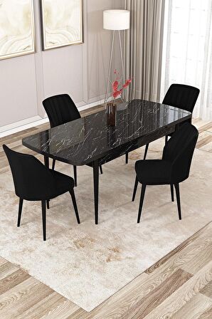Rovena Zeta Siyah Mermer 80x132 Açılabilir Mdf Mutfak Masası Takımı 4 Adet Sandalye
