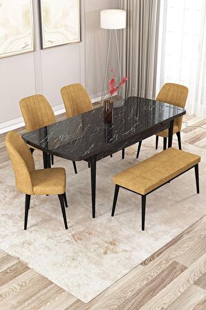 Rovena Zeta Siyah Mermer 80x132 Açılabilir Mdf Mutfak Masası Takımı 4 Adet Sandalye + 1 Bench