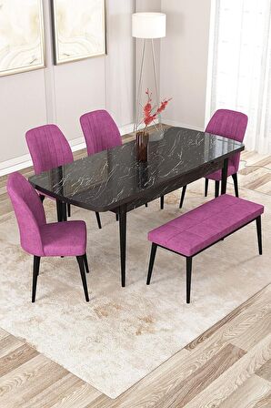 Rovena Zeta Siyah Mermer 80x132 Açılabilir Mdf Mutfak Masası Takımı 4 Adet Sandalye + 1 Bench