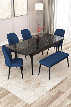 Rovena Zeta Siyah Mermer 80x132 Açılabilir Mdf Mutfak Masası Takımı 4 Adet Sandalye + 1 Bench